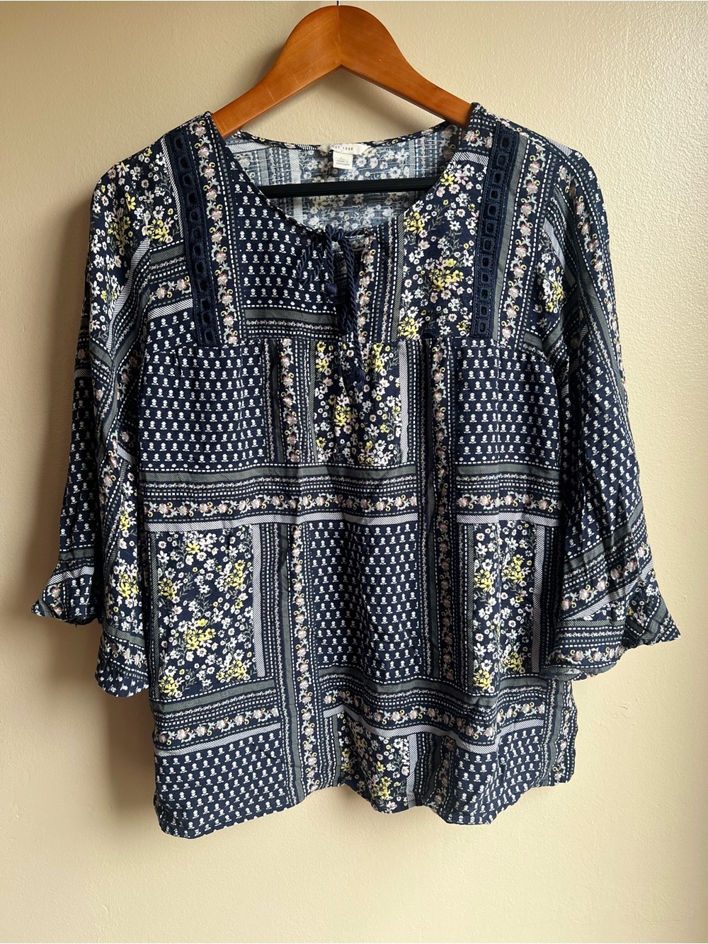 Women’s Large Boho Patchwork Blue Peasant Blouse Floral Bell Sleeves